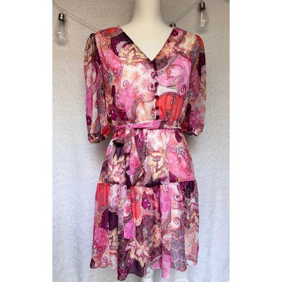 London Times Dresses & Skirts - London Times Pink Paisley Button Up 3/4 Sleeve Above Knee Aline Dress